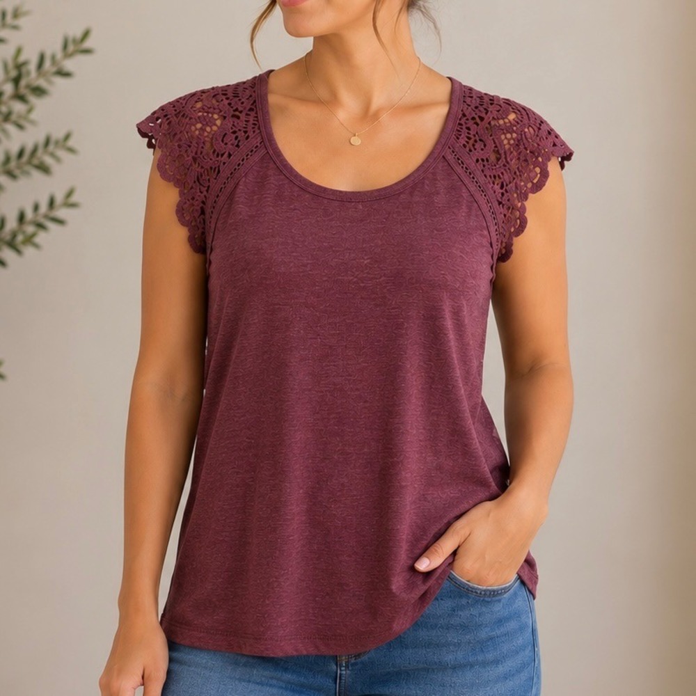Automet Women's Burgundy Crochet Lace Cap Sleeve Boho Blouse Top Size Large